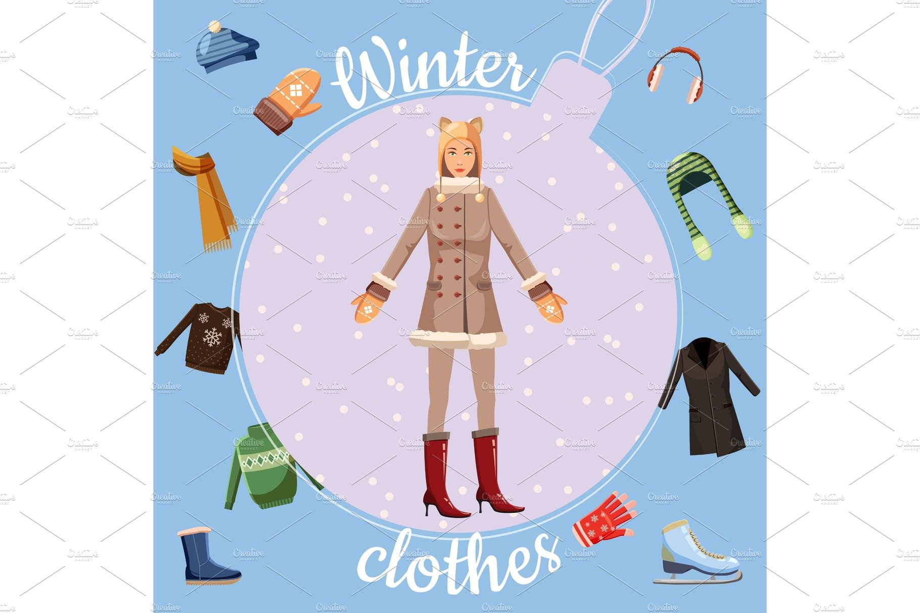 Winter clothes concept, cartoon cover image.