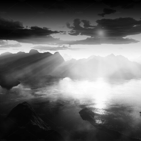 Black and white sunset at mountain v cover image.