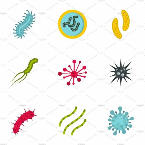 Microbe icons set, flat style cover image.
