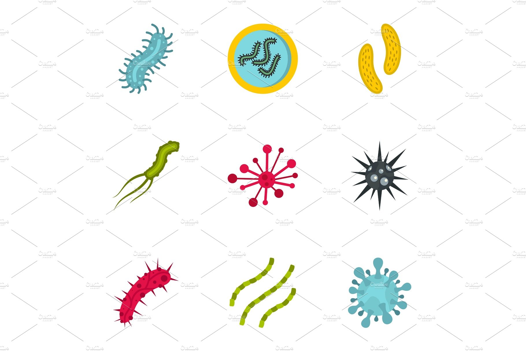 Microbe icons set, flat style cover image.