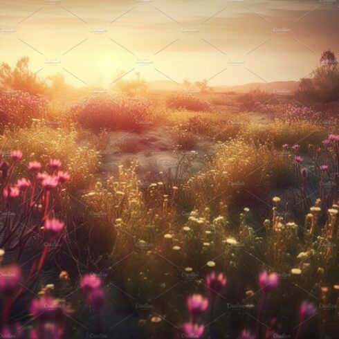 Amazing sunset over a beautiful landscape covered of flowers. Generative AI cover image.