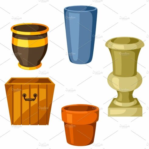Garden pots. Set of various color flowerpots cover image.