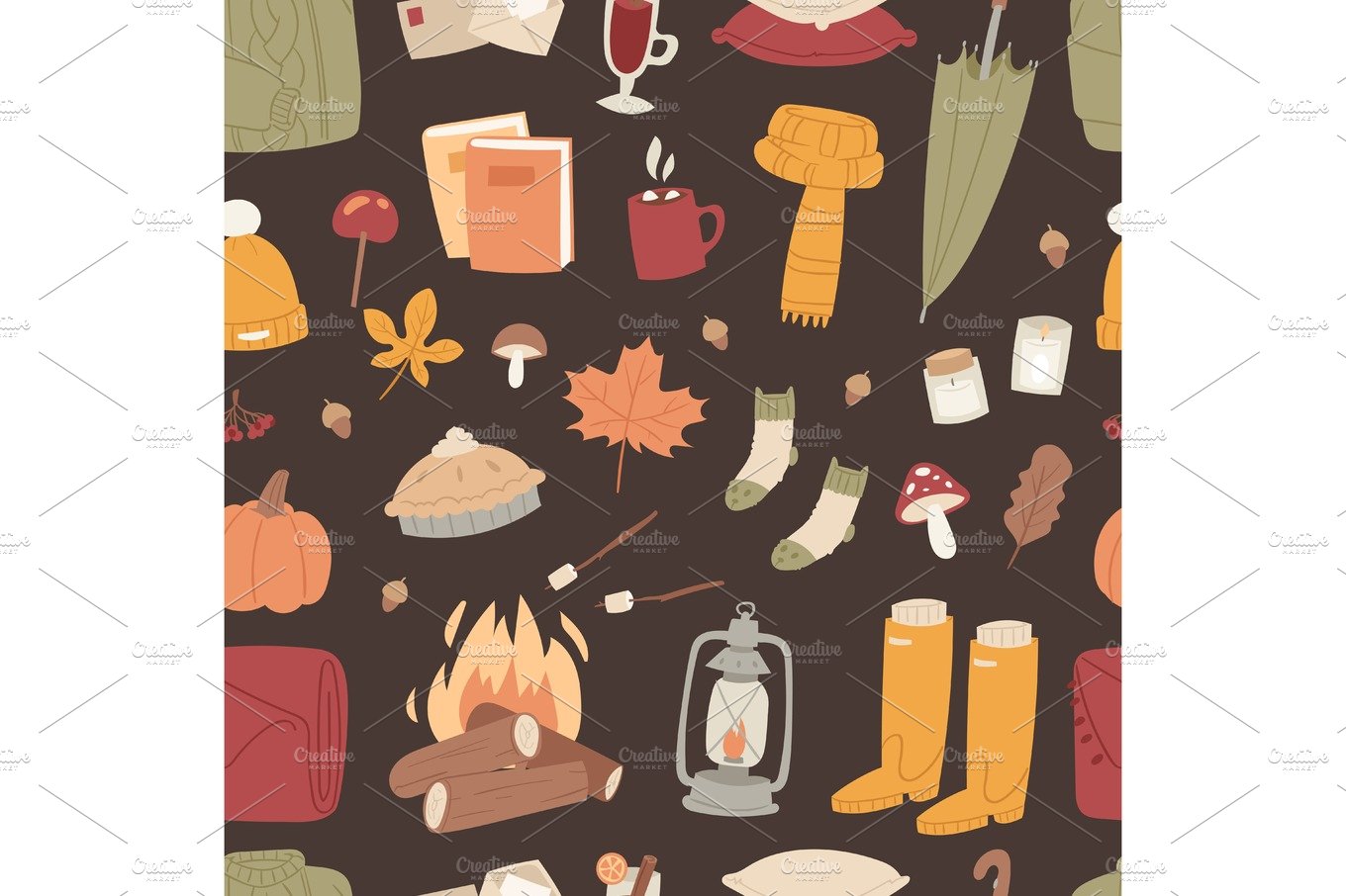 Autumn season icons symbol vector illustration seamless pattern background cover image.