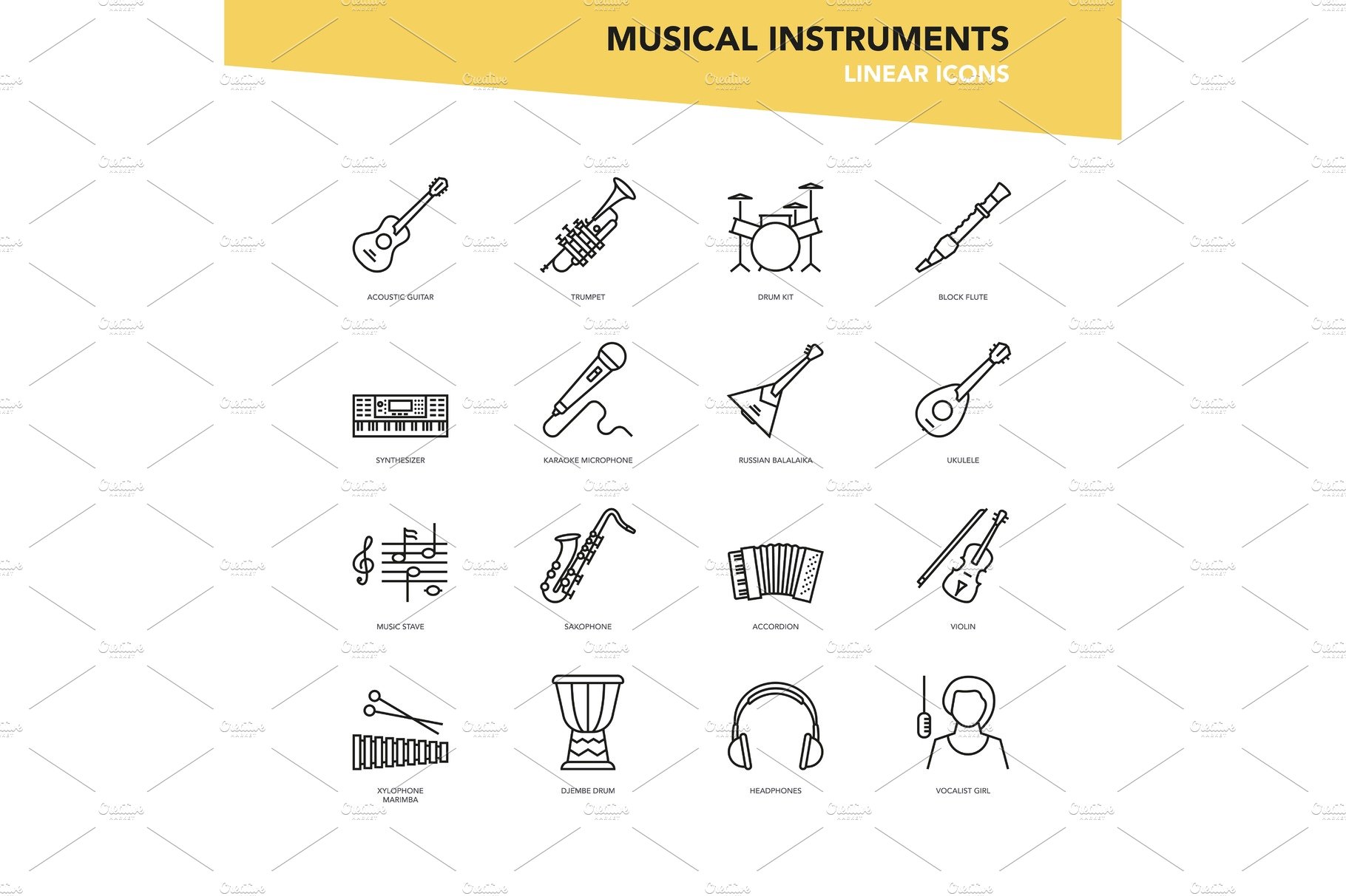 Vector set of linear icons - Musical cover image.