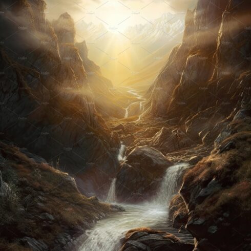 Beautiful vertical landscape with tall mountains, waterfall and a river. Ge... cover image.