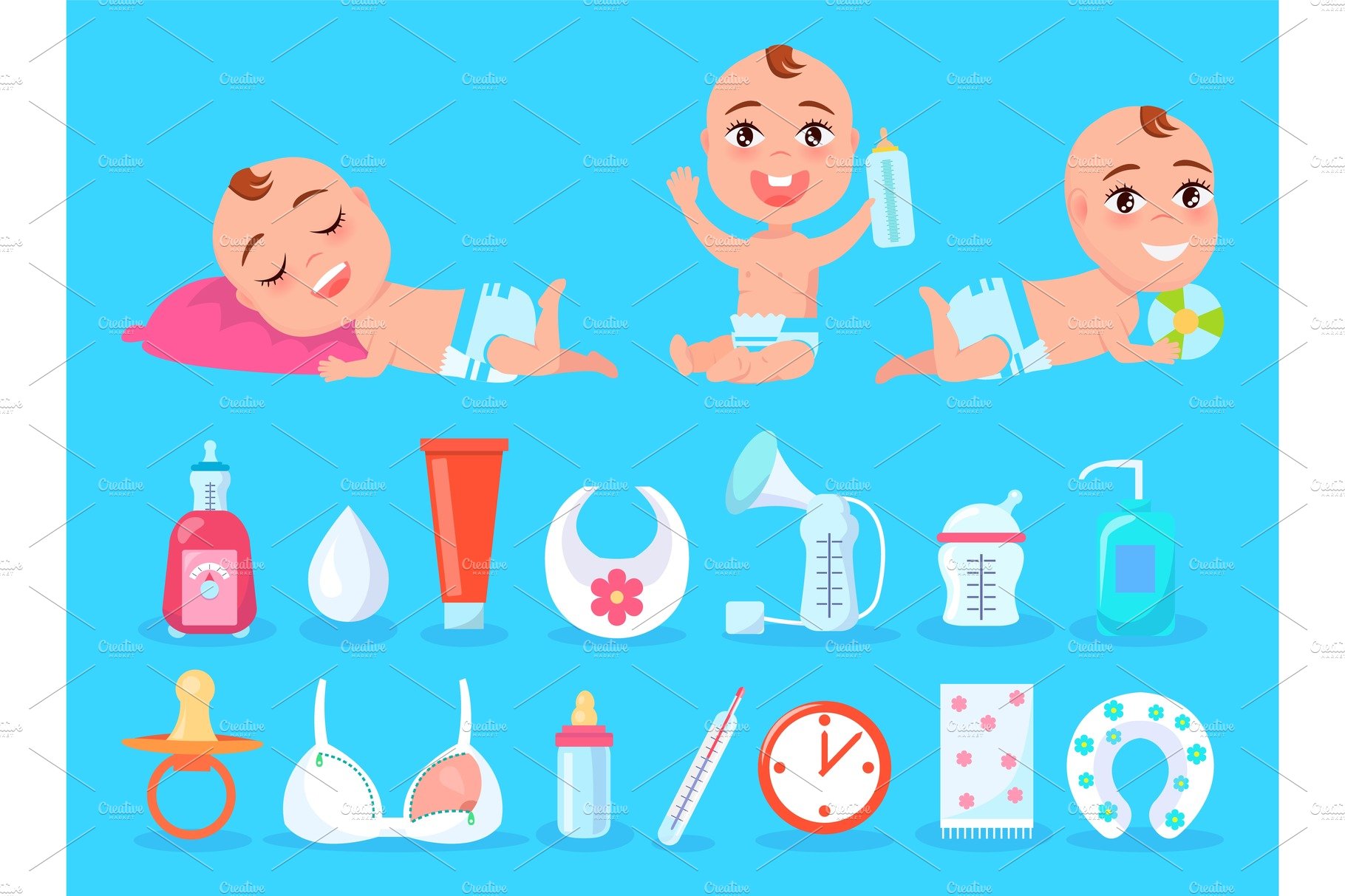 Baby and Objects for Kid Care Vector Illustration cover image.