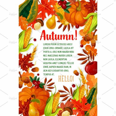 Hello Autumn poster with fall season leaf frame cover image.