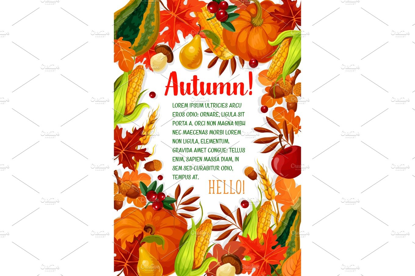 Hello Autumn poster with fall season leaf frame cover image.