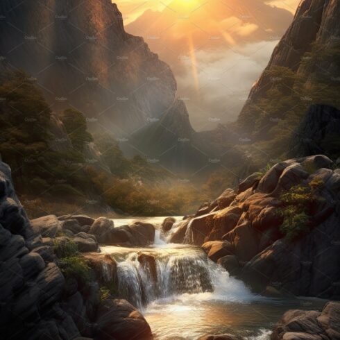 Beautiful vertical landscape with tall mountains, waterfall and a river. Ge... cover image.