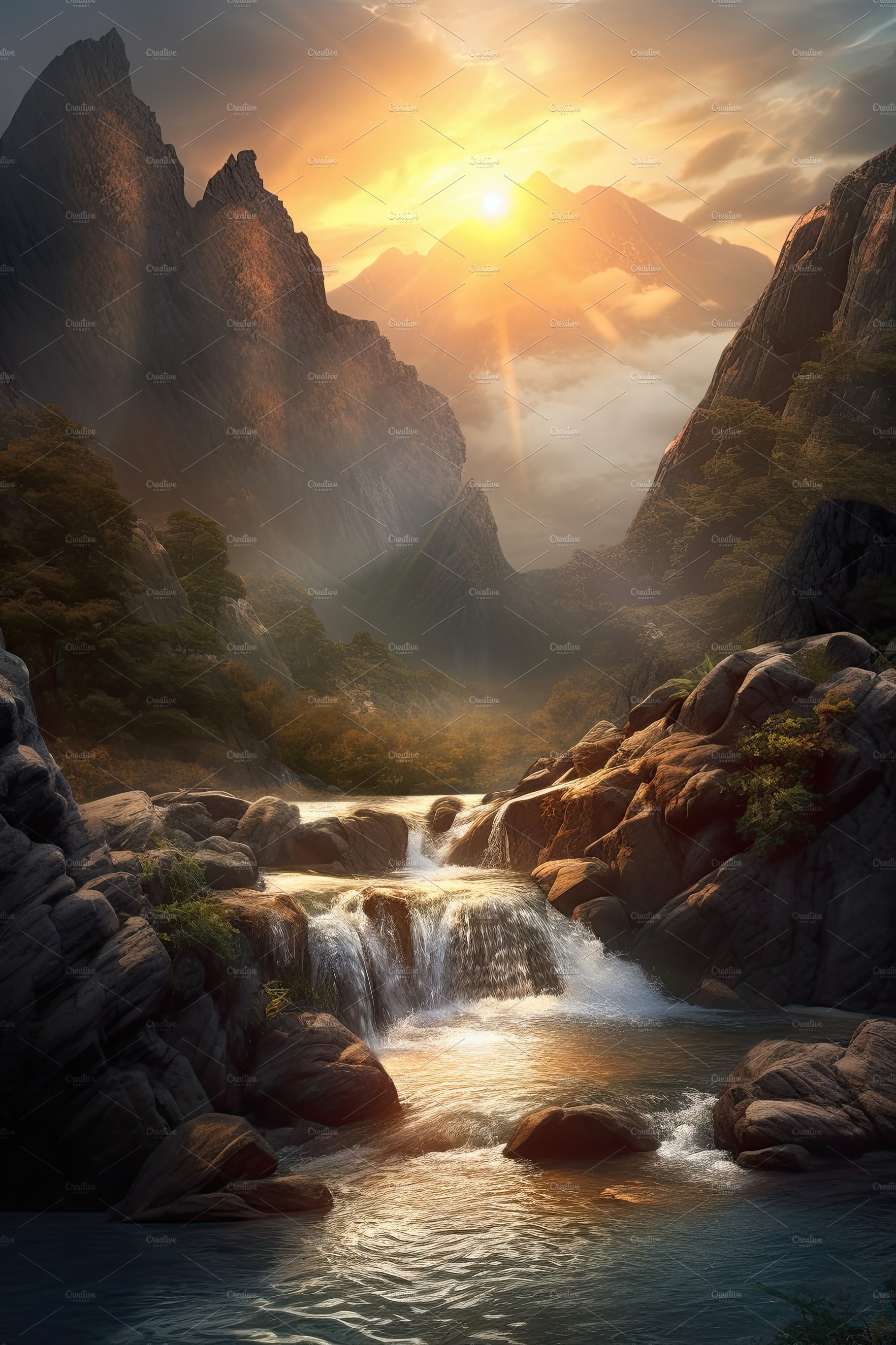 Beautiful vertical landscape with tall mountains, waterfall and a river. Ge... cover image.