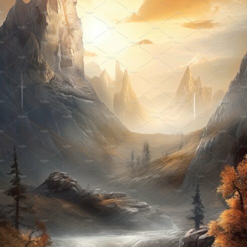 Beautiful vertical landscape with tall mountains, waterfall and a river. Ge... cover image.