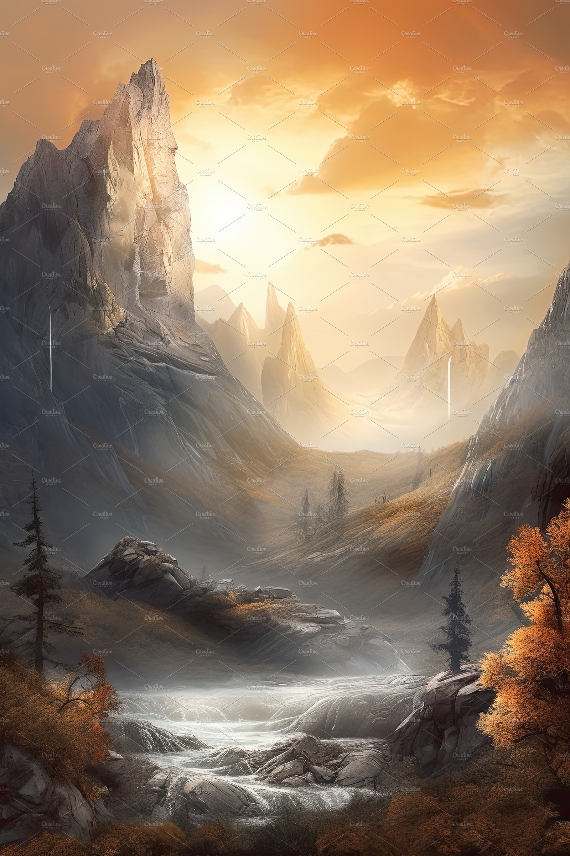 Beautiful vertical landscape with tall mountains, waterfall and a river. Ge... cover image.