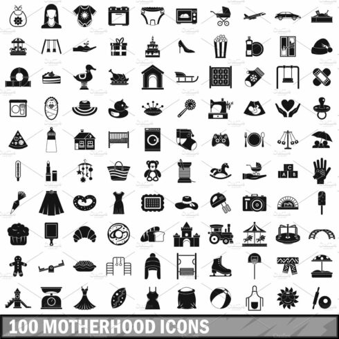 100 motherhood icons set, simple cover image.