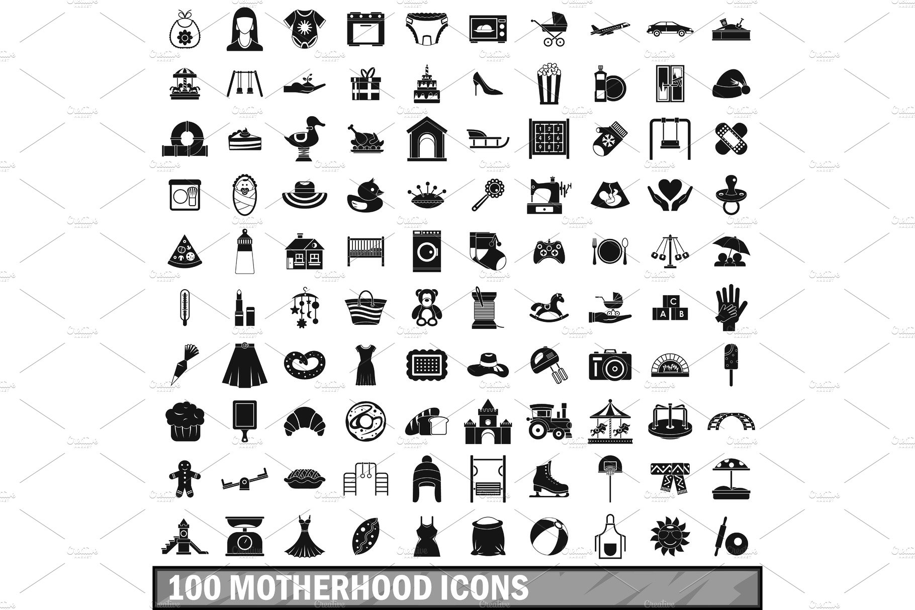 100 motherhood icons set, simple cover image.