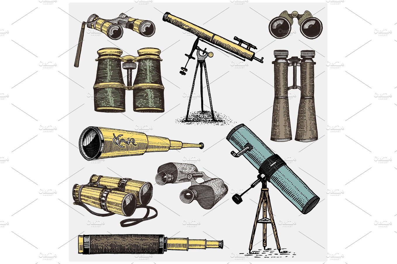 set of astronomical instruments, telescopes oculars and binoculars, quadran... cover image.