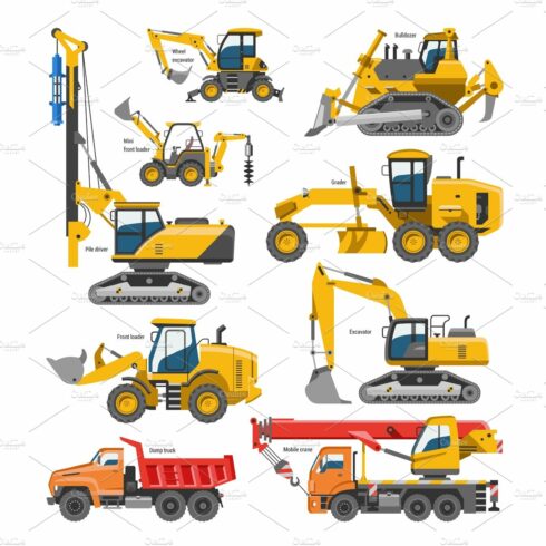 Excavator for construction vector digger or bulldozer excavating with shove... cover image.