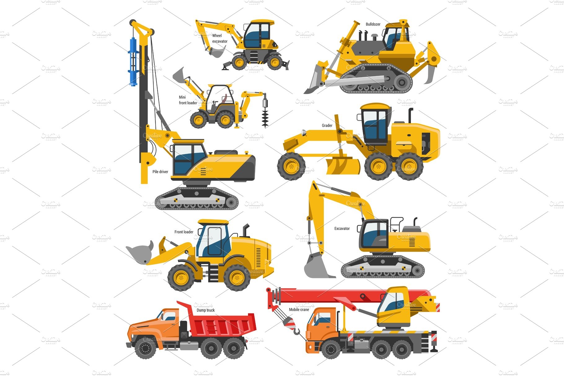 Excavator for construction vector digger or bulldozer excavating with shove... cover image.