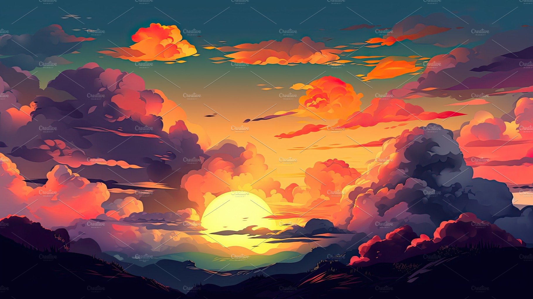 Illustrated sky with clouds, sun, stars, and sunrise or sunset. cover image.