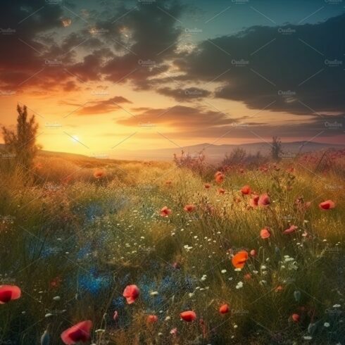 Amazing sunset over a beautiful landscape covered of flowers. Generative AI cover image.