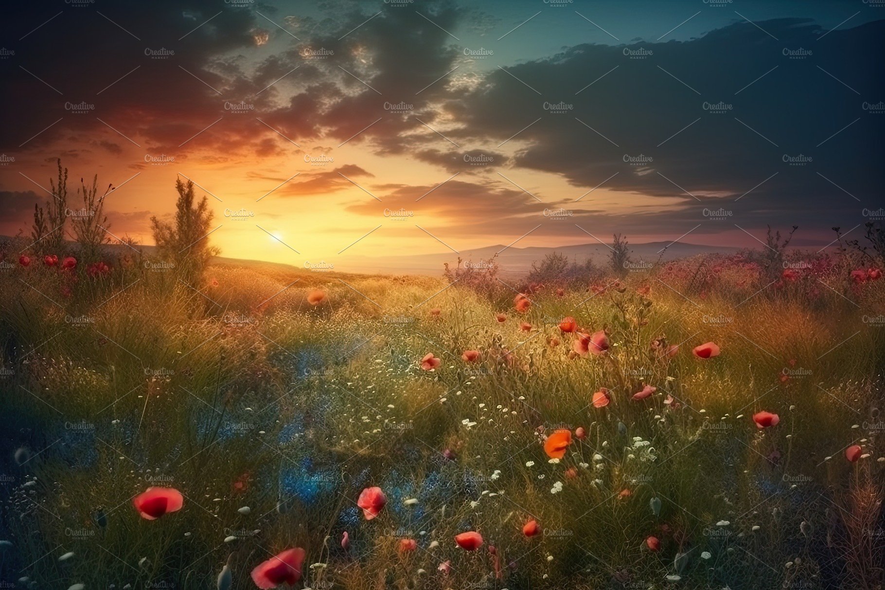 Amazing sunset over a beautiful landscape covered of flowers. Generative AI cover image.