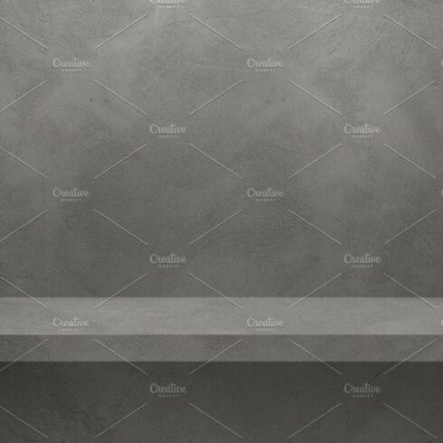 Empty shelf on a grey wall. Background template. Horizontal bann cover image.