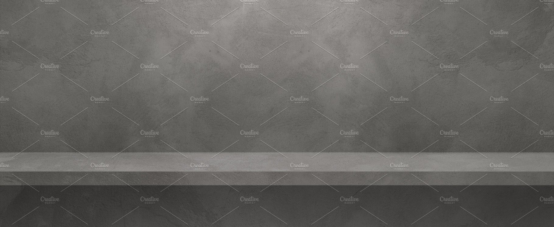 Empty shelf on a grey wall. Background template. Horizontal bann cover image.