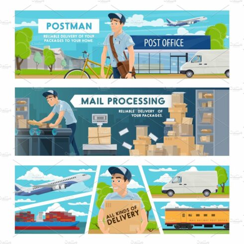 Postmen, post office and parcels cover image.