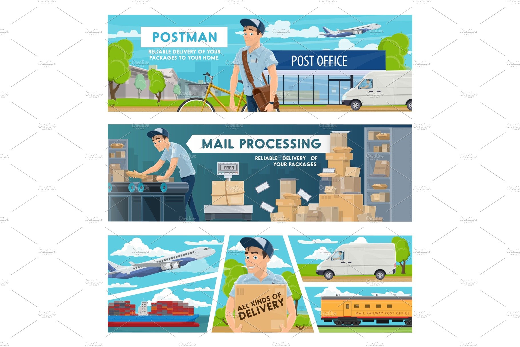 Postmen, post office and parcels cover image.