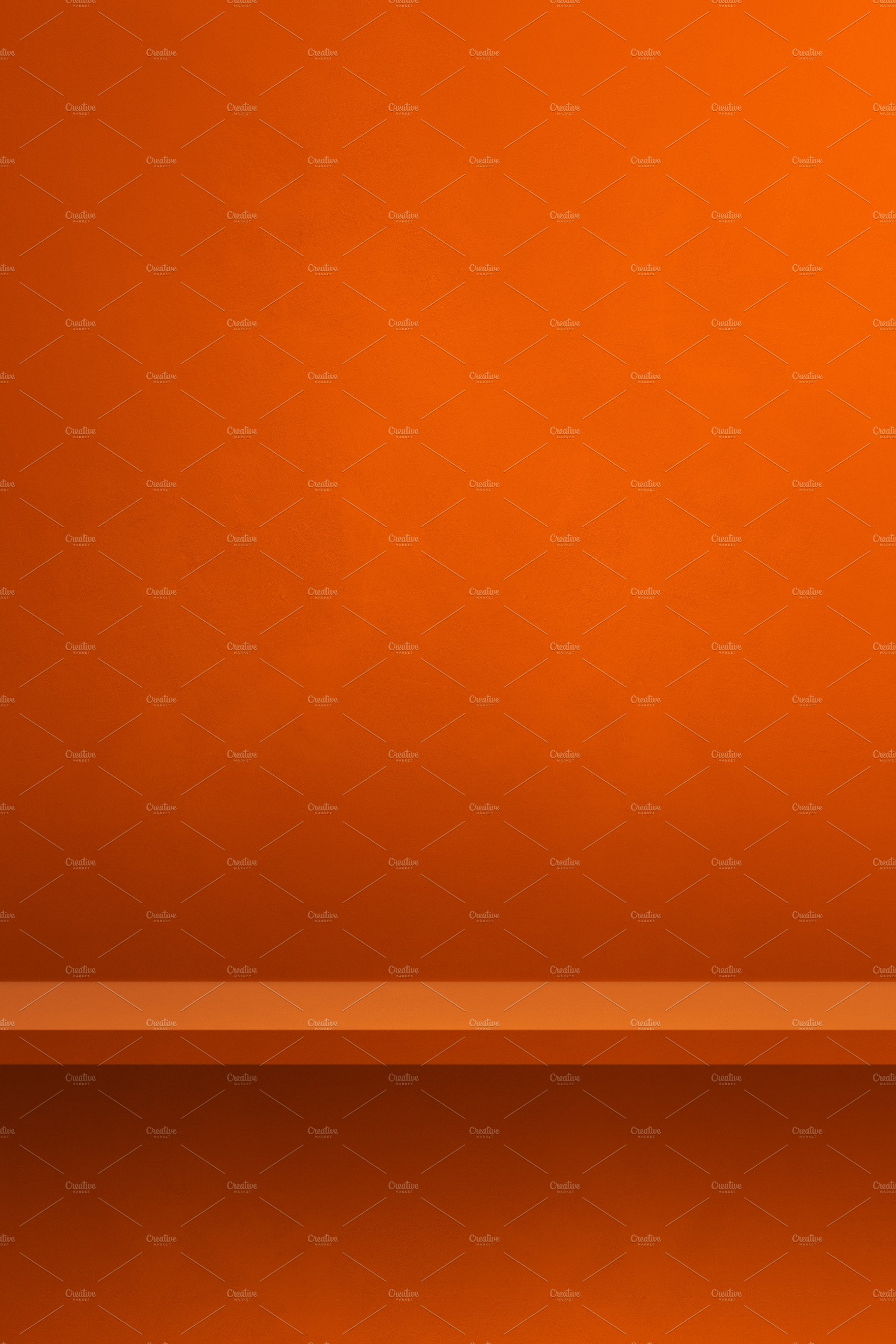 Empty shelf on orange wall. Background template. Vertical backdr cover image.