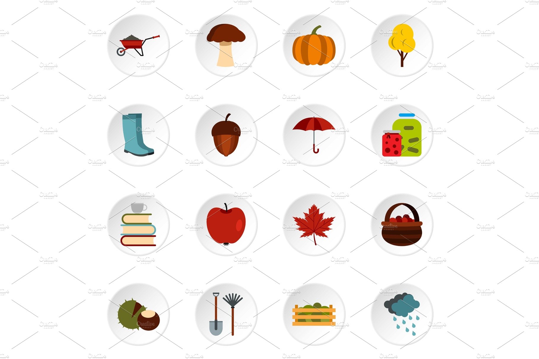 Autumn icons set, flat style cover image.