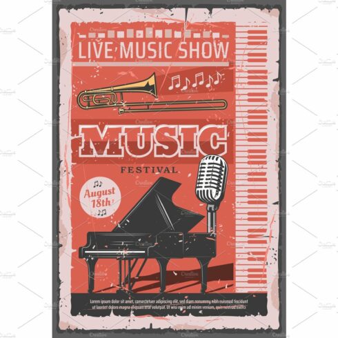 Music concert festival, retro vector cover image.