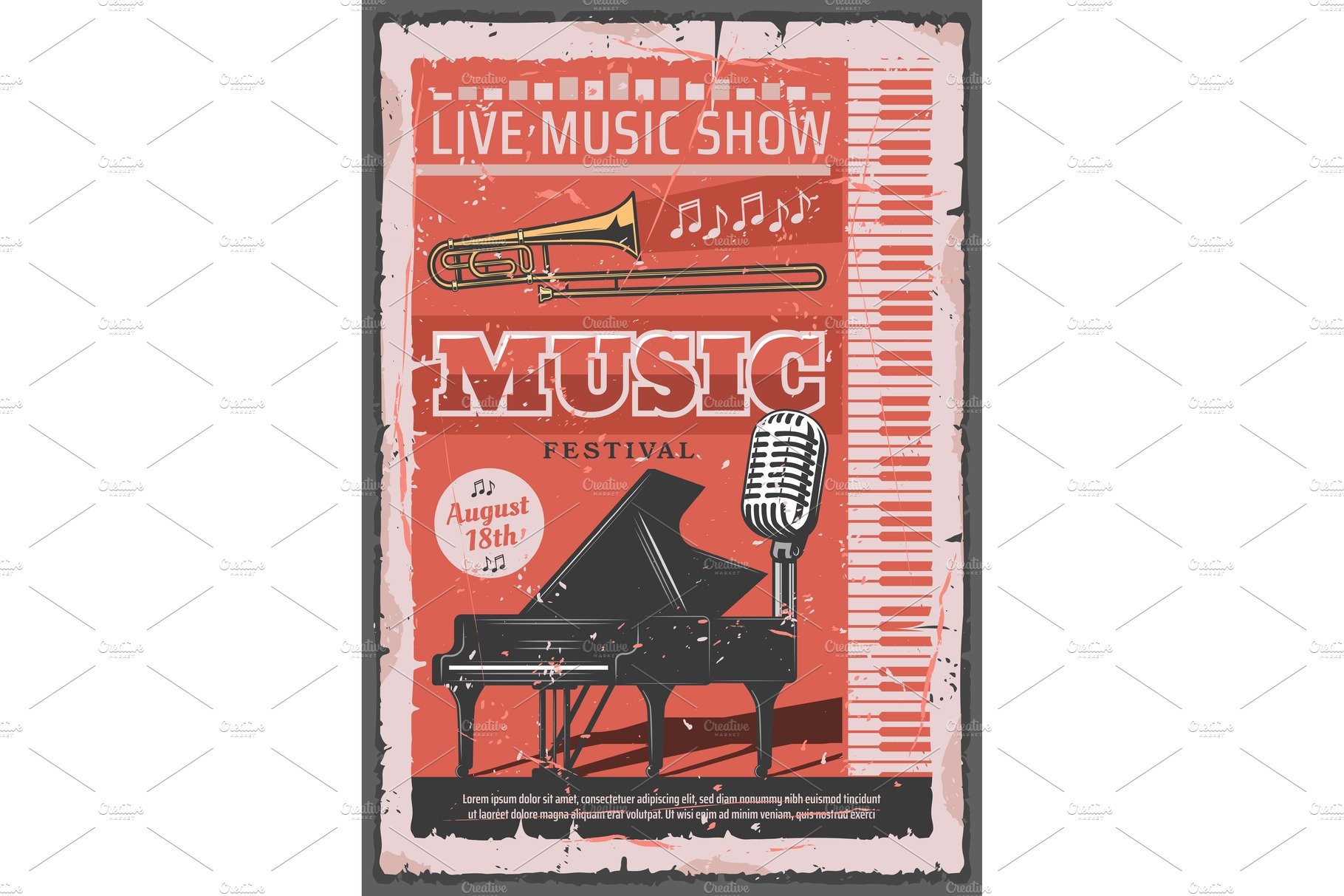 Music concert festival, retro vector cover image.