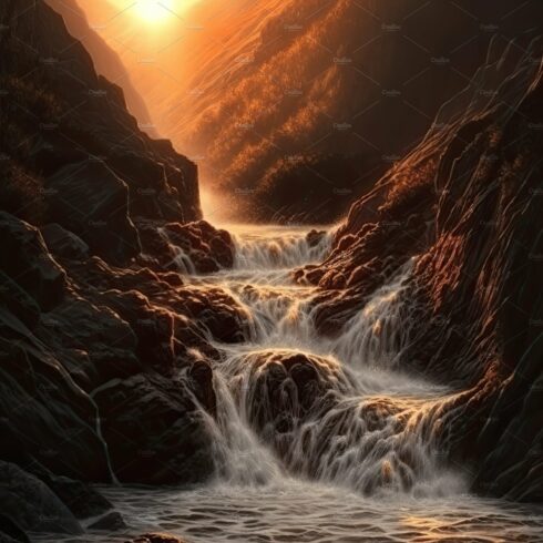 Beautiful vertical landscape with tall mountains, waterfall and a river. Ge... cover image.