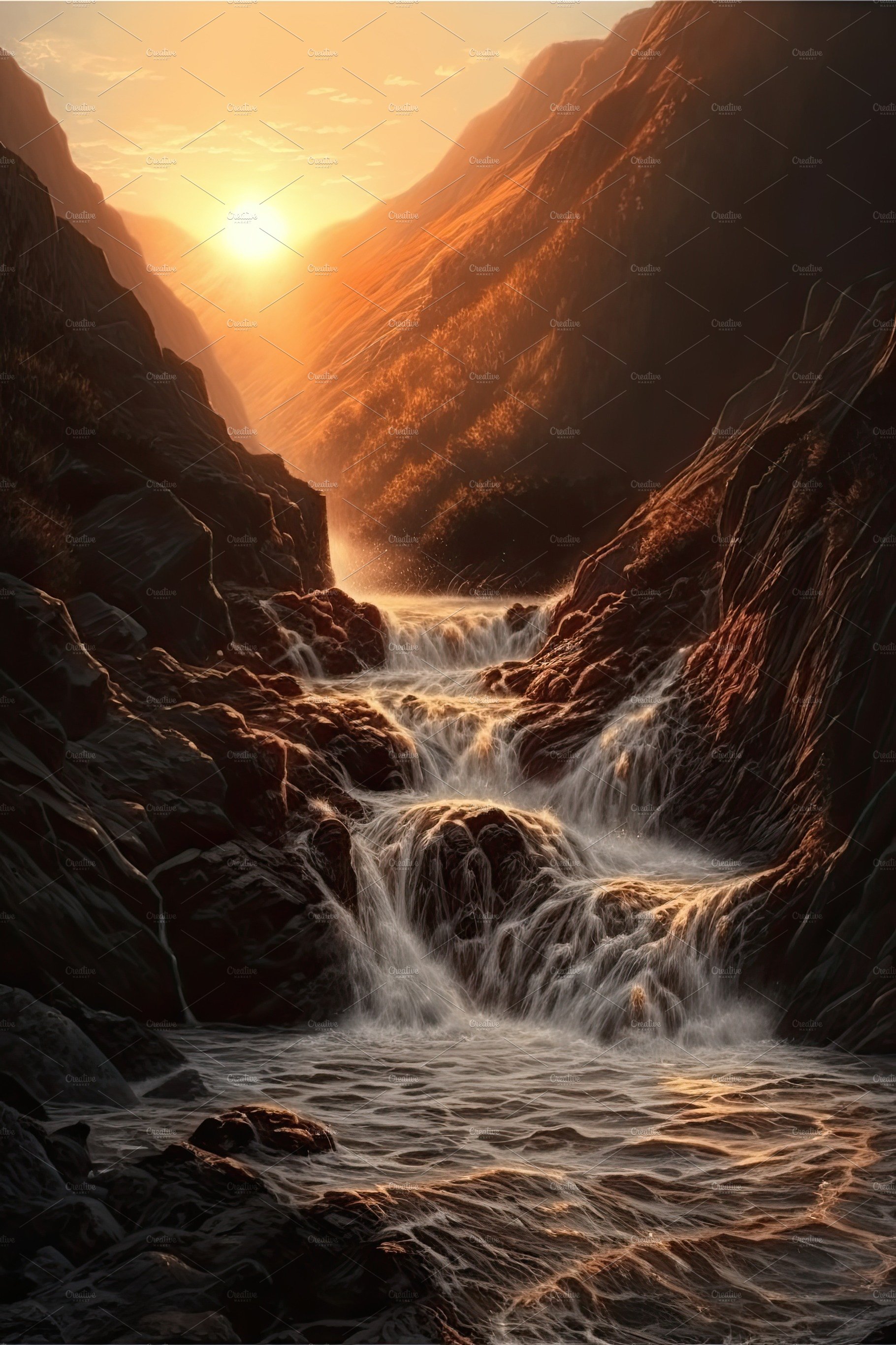 Beautiful vertical landscape with tall mountains, waterfall and a river. Ge... cover image.