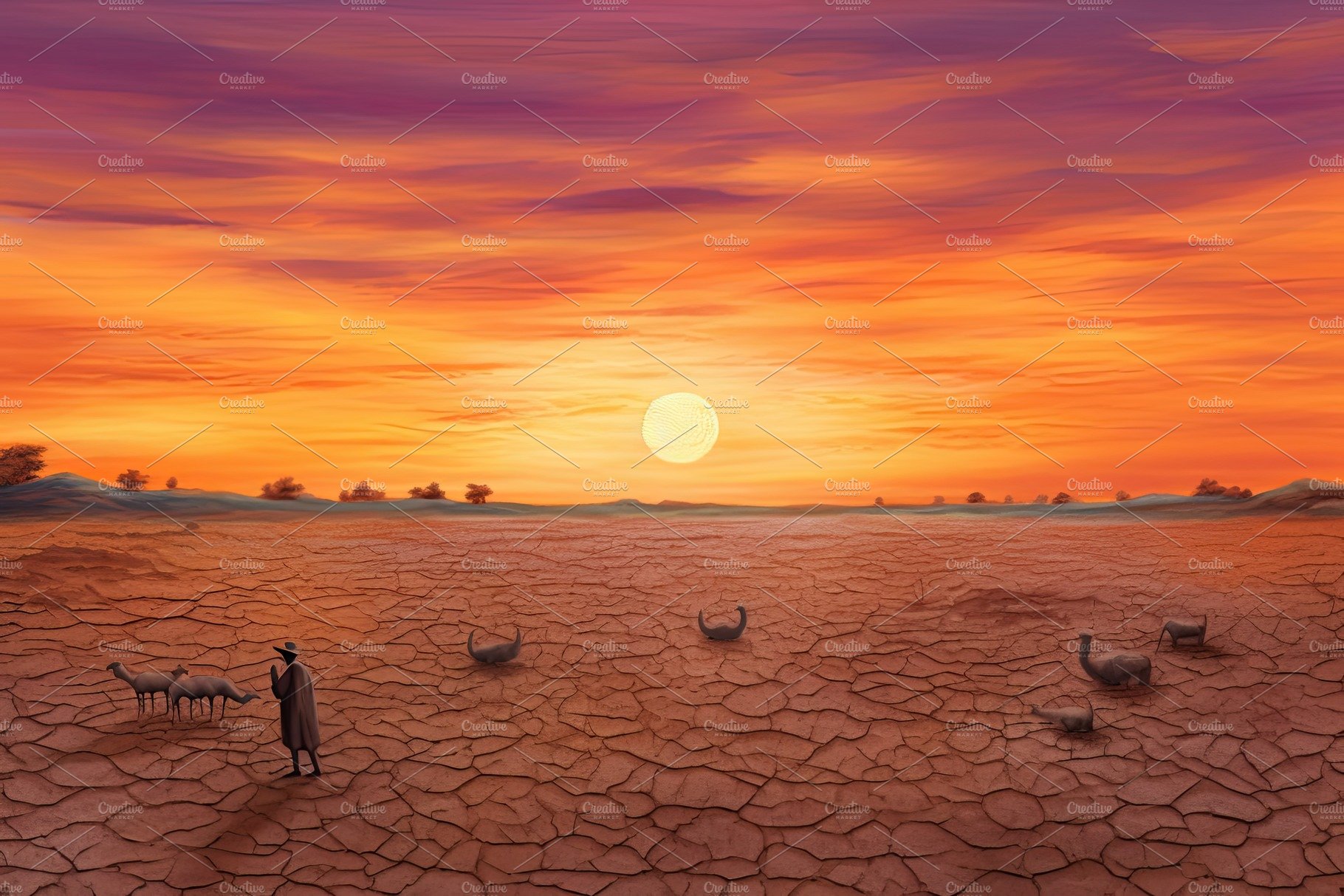 Dry land at sunset, representing drought and lack of water, climate change ... cover image.