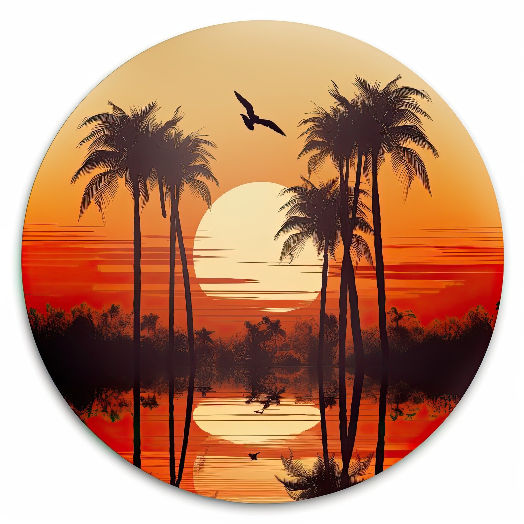 Orange sunset landscape in a circle. Evening on the beach with palm trees. ... cover image.