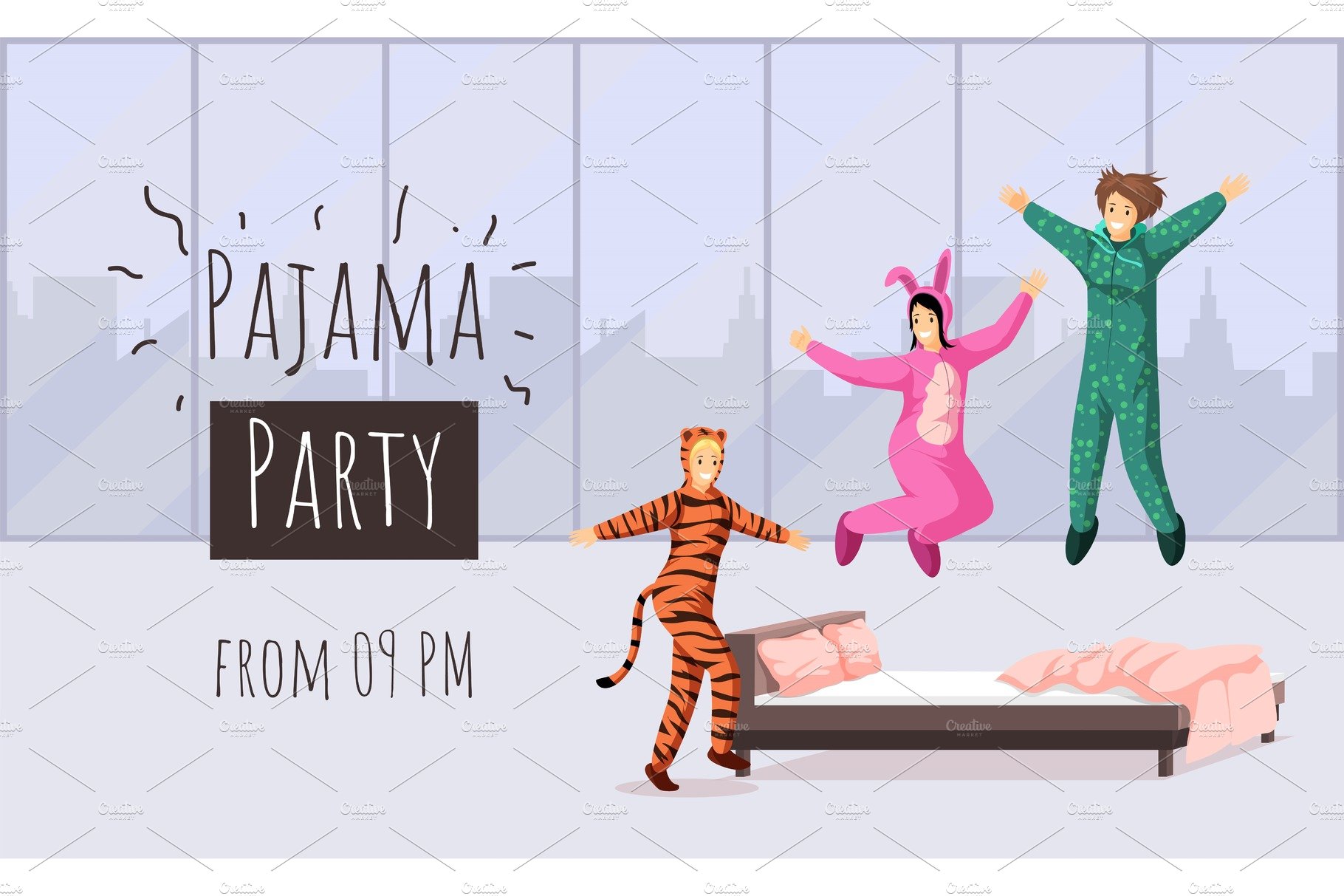Pajama party flat banner vector cover image.