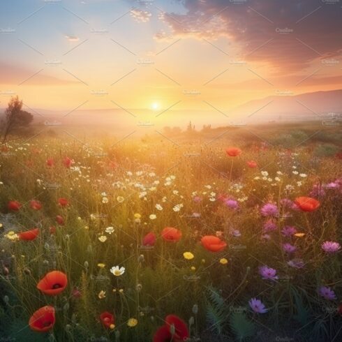 Amazing sunset over a beautiful landscape covered of flowers. Generative AI cover image.