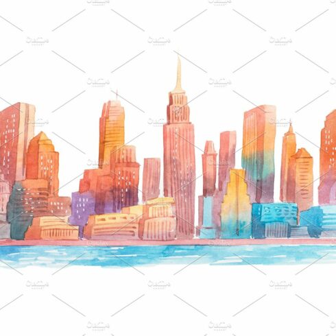 Watercolor drawing evening city at sunset cityscape aquarelle painting. cover image.