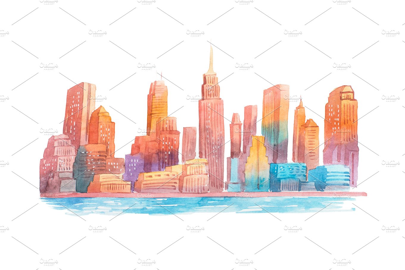 Watercolor drawing evening city at sunset cityscape aquarelle painting. cover image.