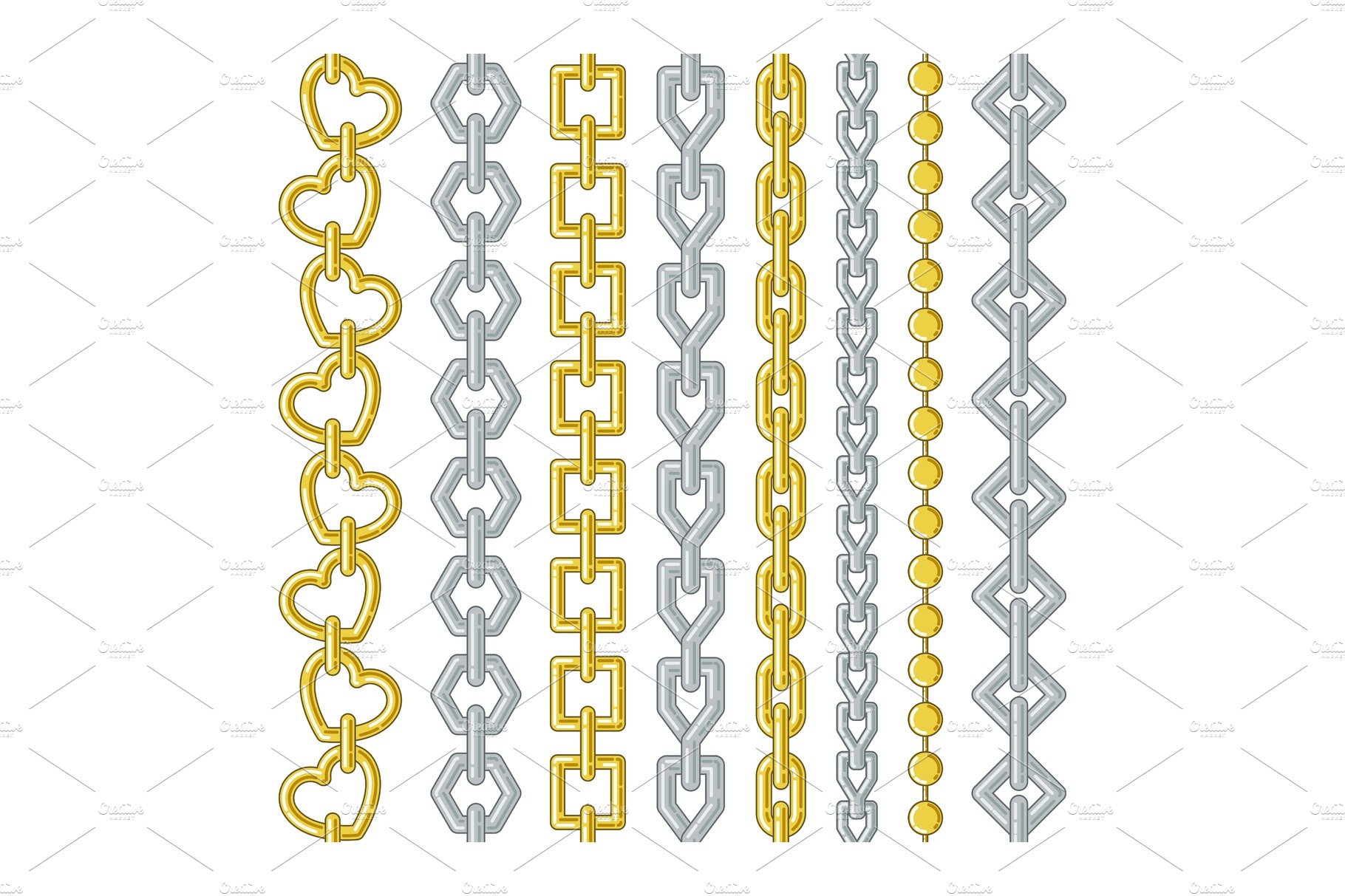 Gold and silver chains. Vector collection set isolate on white cover image.