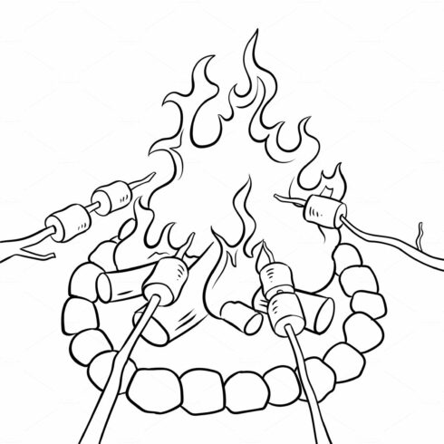 Marshmallow on bonfire coloring book vector cover image.