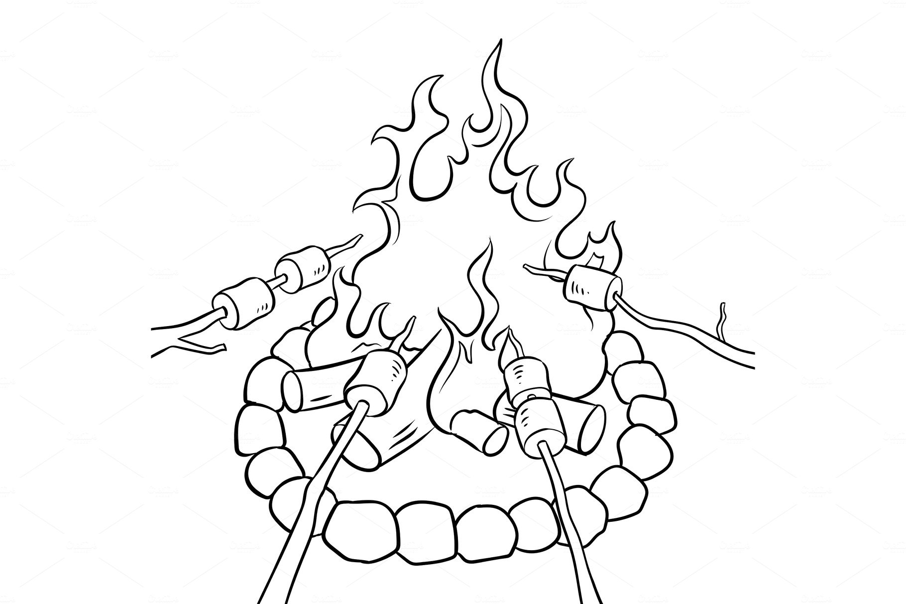 Marshmallow on bonfire coloring book vector cover image.