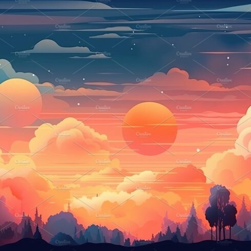 Illustrated sky with clouds, sun, stars, and sunrise or sunset. cover image.