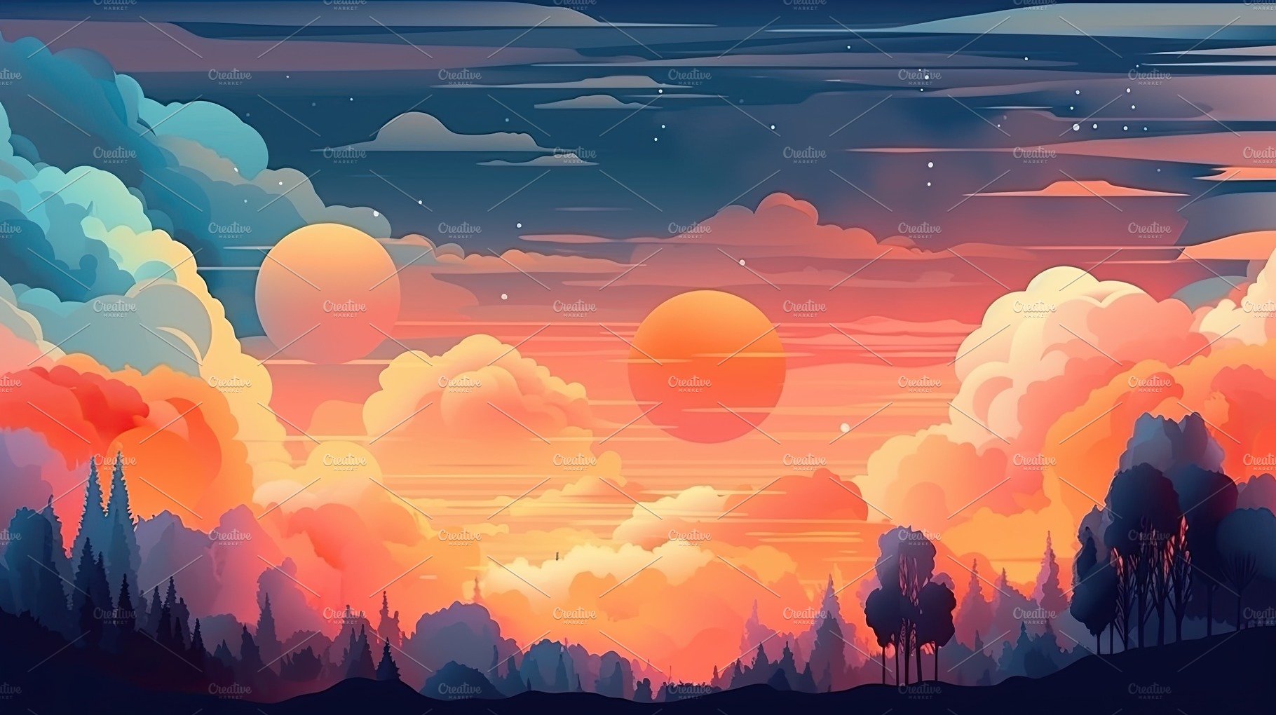 Illustrated sky with clouds, sun, stars, and sunrise or sunset. cover image.