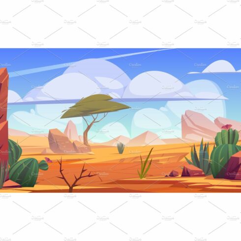 Desert landscape with rocks, tree cover image.