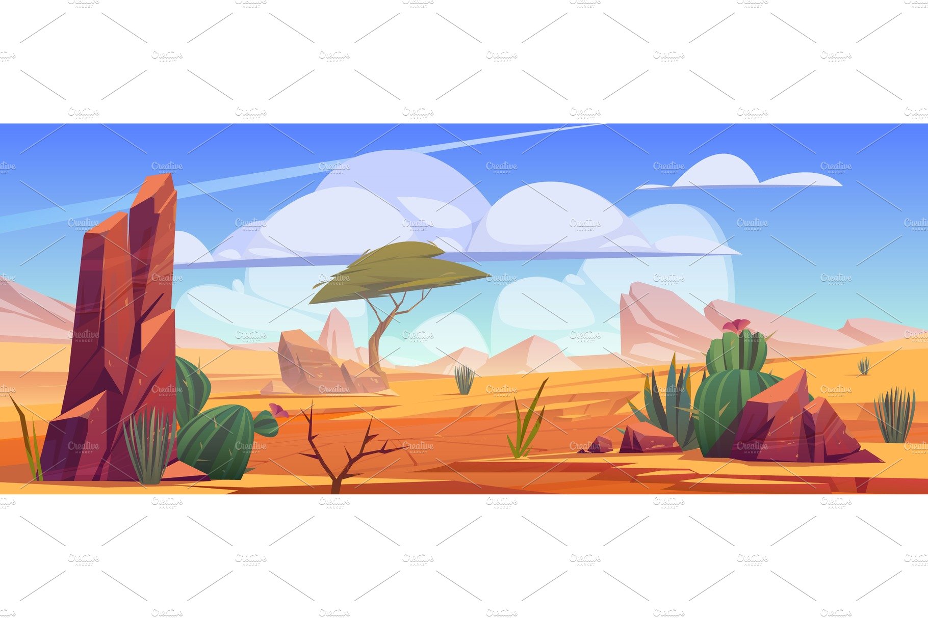 Desert landscape with rocks, tree cover image.