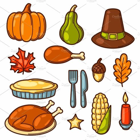 Set of Happy Thanksgiving Day holiday objects and icons cover image.