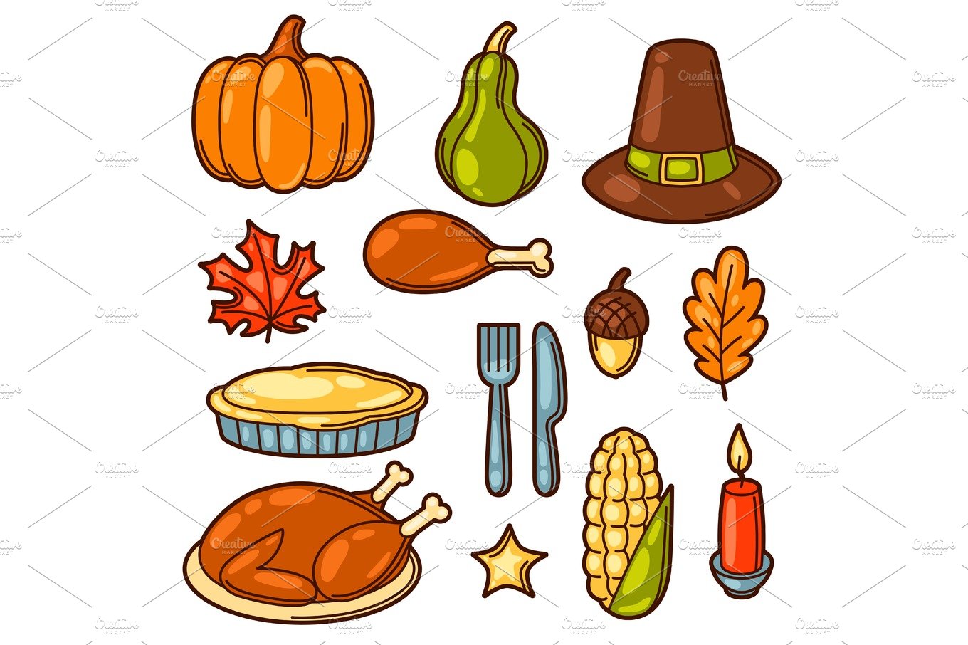 Set of Happy Thanksgiving Day holiday objects and icons cover image.