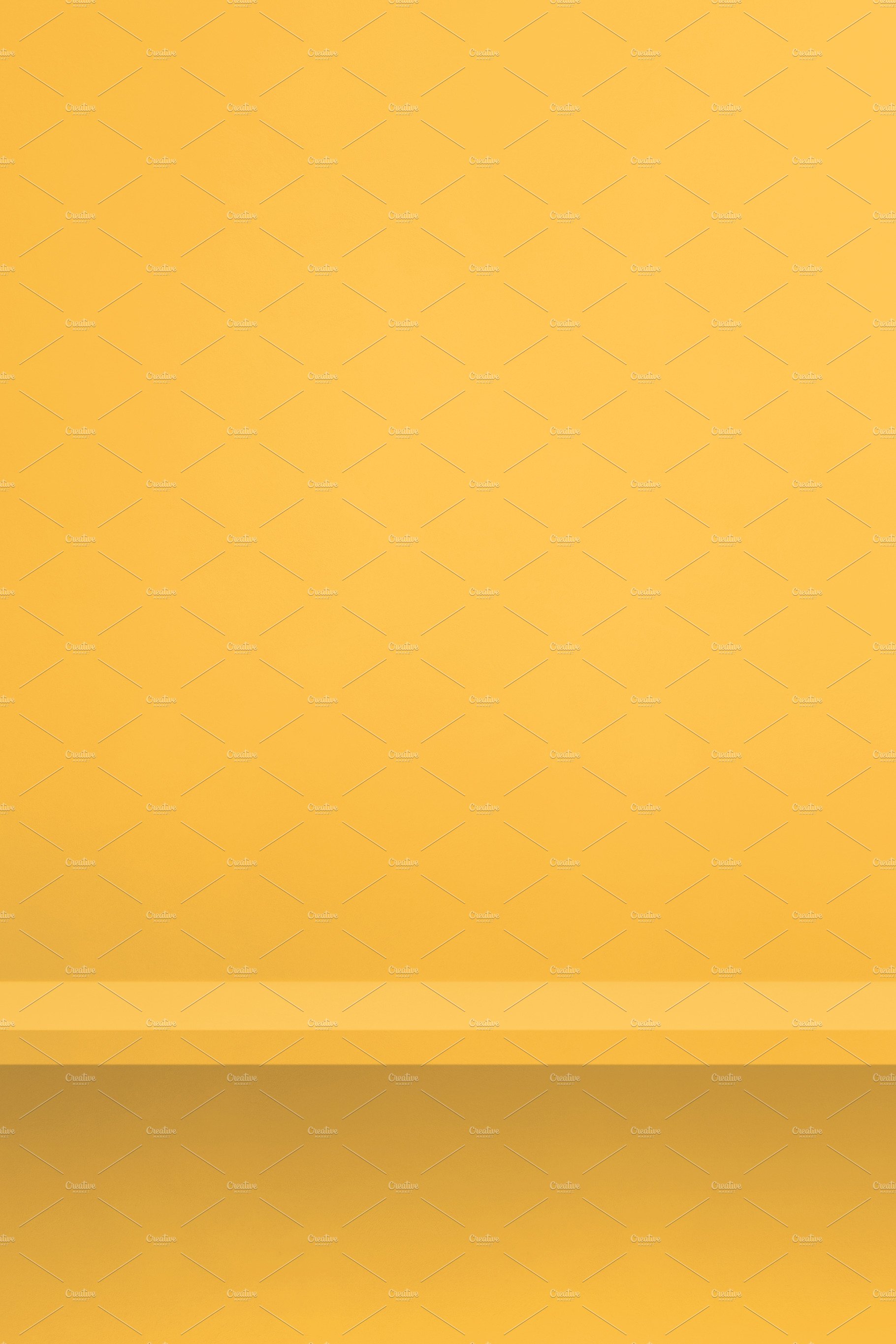 Empty shelf on a yellow wall. Background template. Vertical back cover image.